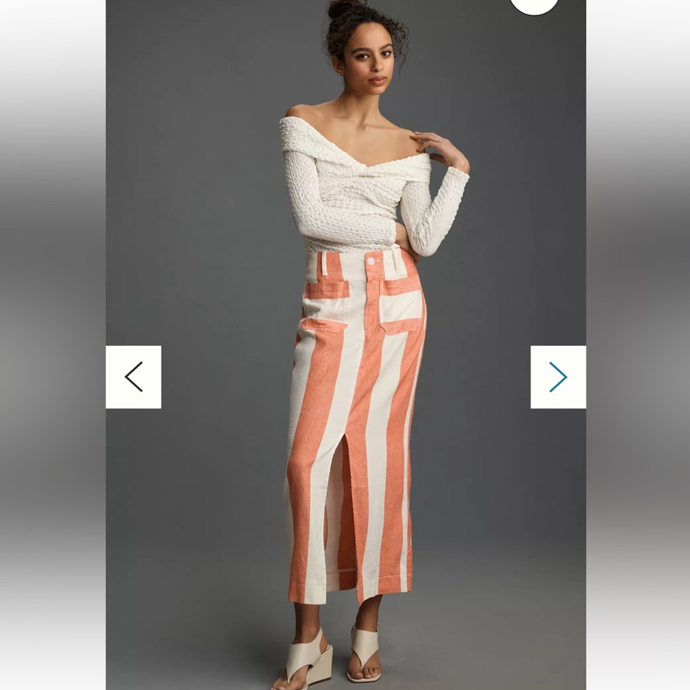 Anthropologie Maeve The Colette Orange and White Striped Linen Blend Maxi Skirt